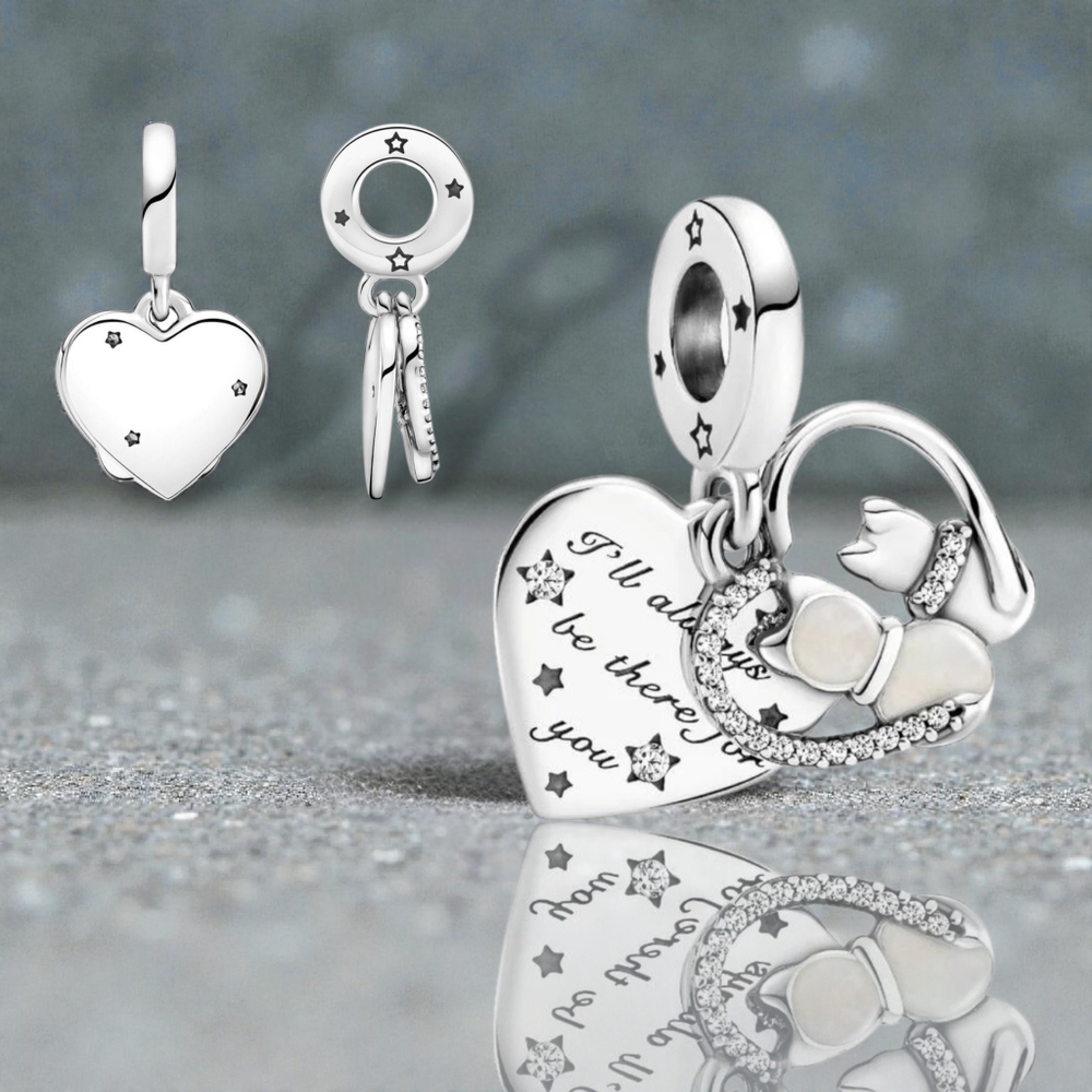 PANDORA Sterling Silver Cats & Hearts Dangle Charm With Enamel & CZ